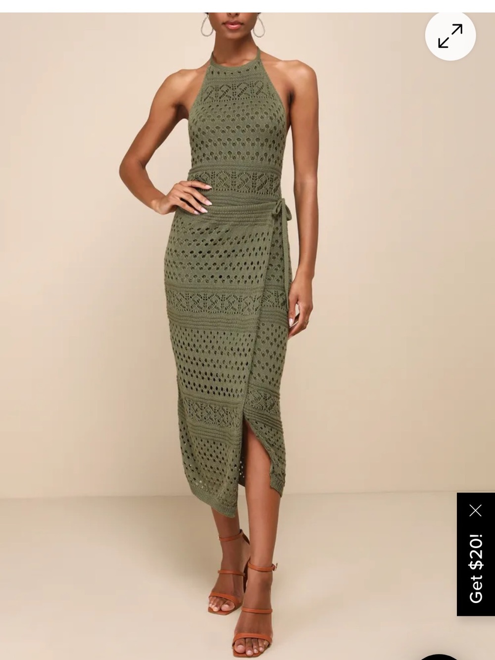 Olive Green Halter Crochet faux wrap Midi Dress